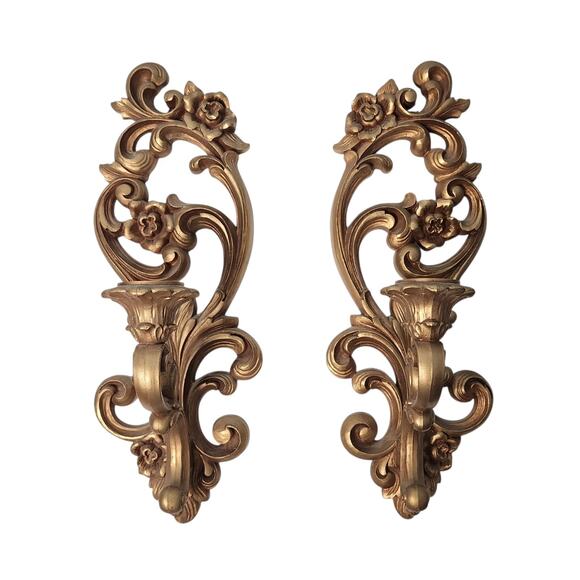 Homco Pair Of Gold Ornate Wall Sconce Candle Holder #4118 Hollywood Regency 1971 - Picture 1 of 5